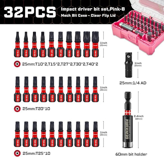 32Pieces Impact Screwdriver Bits Set, S2 Steel Torx Muliti Insert Bits Tips Set with Impact Bit Holder and 1/4?쒾ocket Adapter(Pink Storage Box Case)