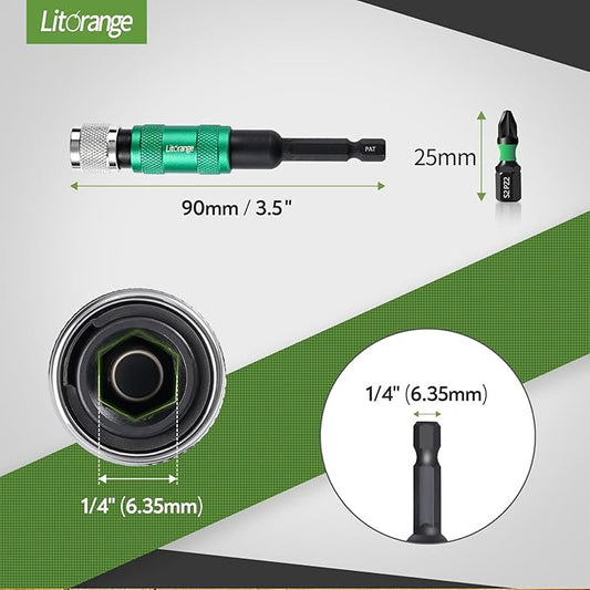 11PCS 90mm Universal Magnetic Pivoting Impact Screwdriver Drill Bit Holder, Mechanical locking And Quick Release Design, 1/4 Hex Shank, With 10 x 25mm Bit Fit for Swivel Drill Bit Extender