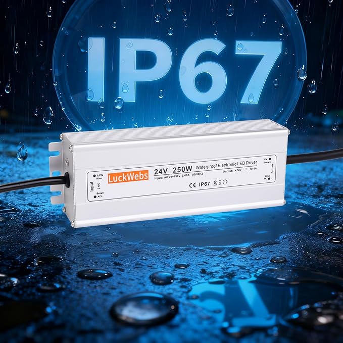 LED Driver 24V250W Waterproof Power Supply AC 90-130V to DC 24V10.4A Low-Voltage IP67 Transformer Suitable for Indoor Outdoor LED Strip Lights and Any 24V DC High-End Equipment