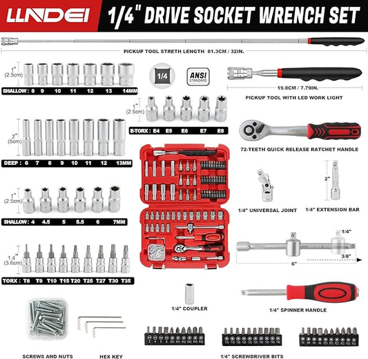LLNDEI 106PCS 1/4-inch Drive Socket Set with Wrench, CR-V Steel Kit, Ratchet Handle, Screwdriver Bit Set & Magnetic Pickup Tool, With 11x8x2.5-inch Carrying Case