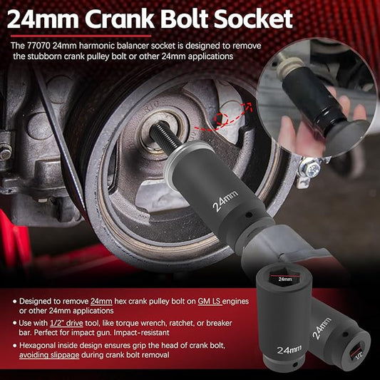 77070 24mm Crank Bolt Socket for GM LS Engine Harmonic Balancer Socket Tool 24 mm Impact Socket Deep Counter-Weighted Design, 3 Times Momentum Power of Standard Impact Sockets