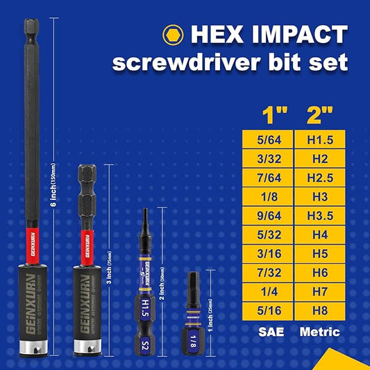 22 Pieces Multi Hex Head Impact Tough Magnetic Allen Wrench Drill Bits Set, (Metric&SAE)1 In./2 In. Mixed Hex Head S2 Steel Power Bits Set with Bit Extension Holder