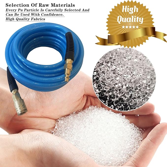 Air Hose 1/4 in x 100 ft, Polyurethane(PU), Reinforced Air Compressor Hose, Lightweight, Kink Resistant with 1/4??Industrial High Flow Quick Coupler&Plug, Bend Restrictors,300 PSI (100FT, White Blue)