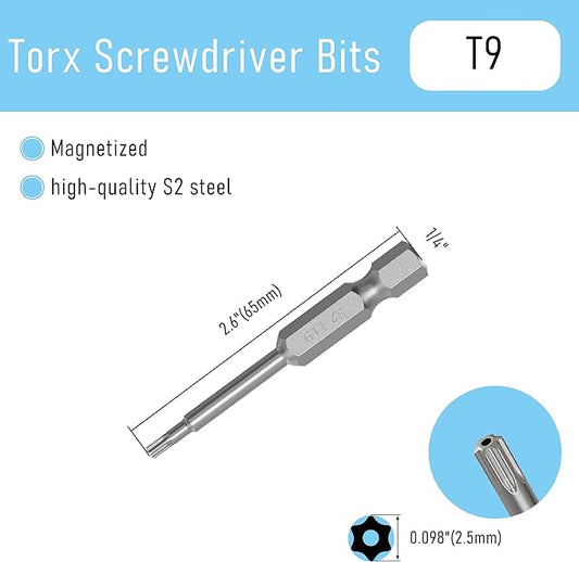5PCS T9 Magnetic Tamper Proof Torx Screwdriver Bits, 1/4 Inch Hex Shank 2.6 Inch Length S2 Steel Security Drill Torx Head Drill Screw Driver Tools(65mm Long, Star 6 Point)