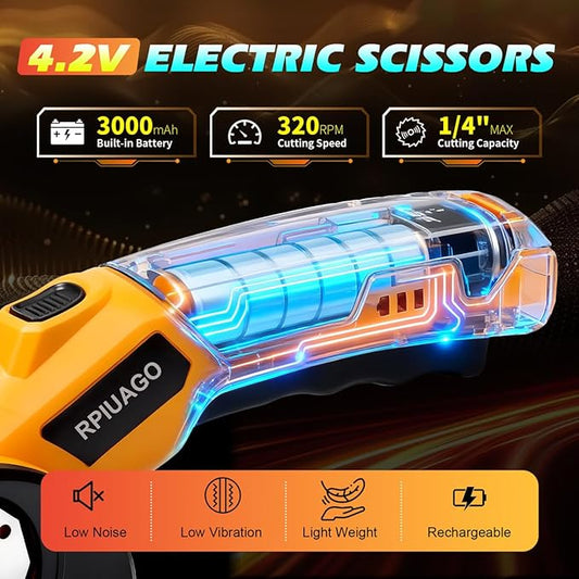 Rechargeable Electric Scissors, 4.2V Cardboard Cutter Electric with LED Light & Safety Lock, 3000mAh Battery & 2 SK5 Rotary Blades, Electric Box Cutter for Cardboard, Fabric, Leather, Plastic