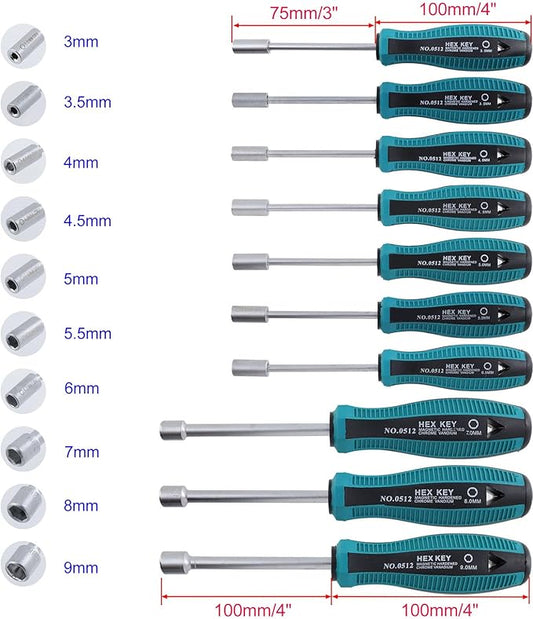 Hex Nut Driver Set, Socket Wrench Screwdriver Cr-V Steel Hexagon Nut Driver, 10 Sizes 3mm, 3.5mm, 4mm, 4.5mm, 5mm, 5.5mm, 6mm, 7mm, 8mm, and 9mm for Repairs