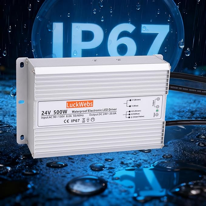 LED Driver 24V500W Waterproof Power Supply AC90-130V to DC24V20.8A Low-Voltage IP67 Transformer Suitable for Street Lights Lawn Lights LED Outdoor Landscape Lighting Waterproof Transformer