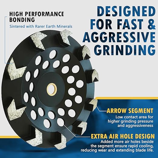 7" High Performance Diamond Grinding Wheels for Concrete, Paint, Epoxy, Mastic, Coating Removal, #30/40 Grit, 10 Arrow Segments, 7/8"-5/8" Arbor