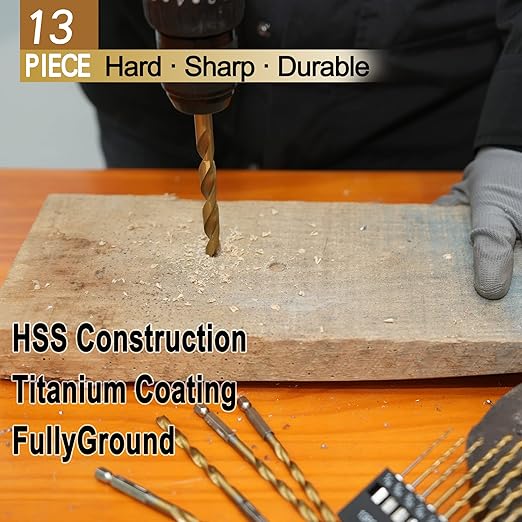 13 Pcs Titanium Coated Twist Hex Shank Drill Bit Set, 135 Degree Tip HSS Impact Drill Bit Set with Storage Case for Metal, Aluminum, Steel, Wood, Plastic, Quick Change Design 1/16" to 1/4"