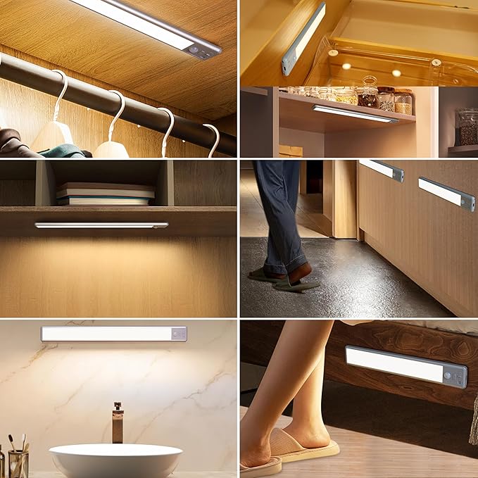 63 LED Closet Lights Motion Sensored, 2500mAh Rechargeable Under Cabinet Lighting, Dimmable & Magnetic Light Bar for Kitchen Cabinets, Hallways (2 Pack)