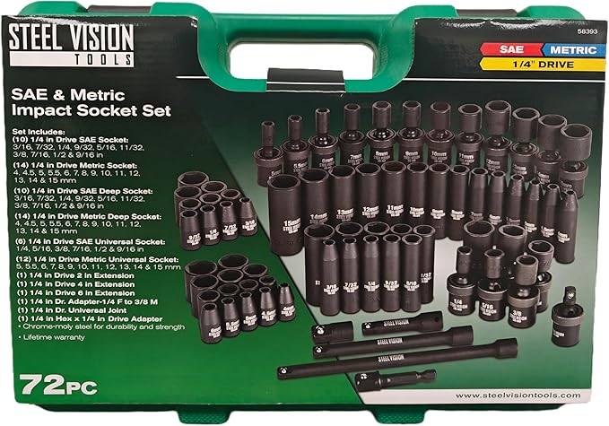 Steel Vision Tools 72-Piece 1/4" Drive SAE & Metric Impact Socket Set, CR-MO Steel, 6-Point Design, Deep & Shallow Sockets, Universal Joint, Extension Bars & Adapters, Black Phosphate Finish