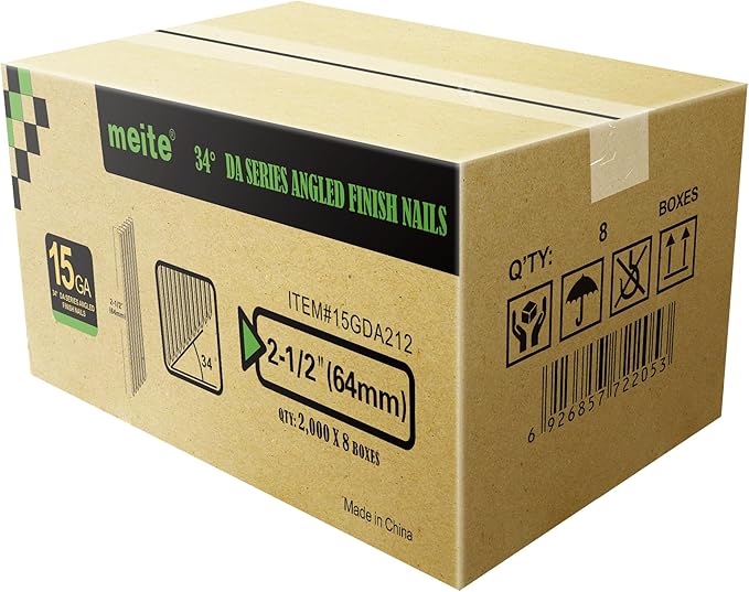 meite 15 Gauge Finish Nails 2-1/2-Inch 34 Degree Angled Galvanized Finishing Nails for Electric or Pneumatic Nailer Gun - No-Rust DA Nail for Cabinet Building Window Trim Fine Woodworking, 16,000PCS
