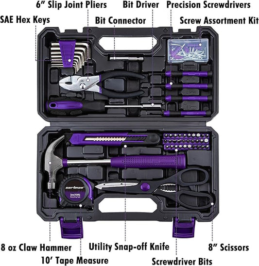 CARTMAN 126-Piece Home Tool Set Kit, Basic Household Hand Tools with Storage Case Purple