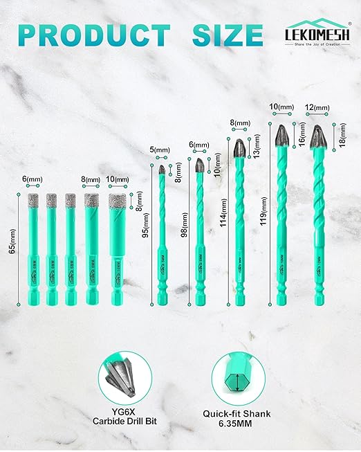 10PCS Nine Blades Serrated Carbide Masonry Drill Bit Set - 3 x 1/4",5/16",3/8" Tile Bits & 3/16",1/4",5/16",3/8",1/2" Wood Drill Bits for Wood Plastic Masonry Brick Tile Glass Concrete Marble
