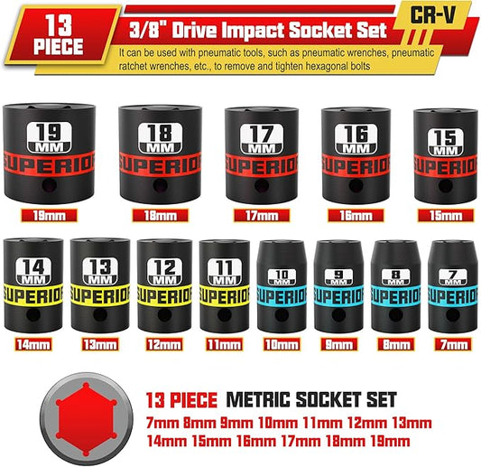 13 Piece 3/8" Drive Impact Socket Set, 7 mm-19 mm Shallow Socket, Metric, 6 Point, CR-V, Automotive Motorcycle and Bicycle Maintenance, Machinery Manufacturing