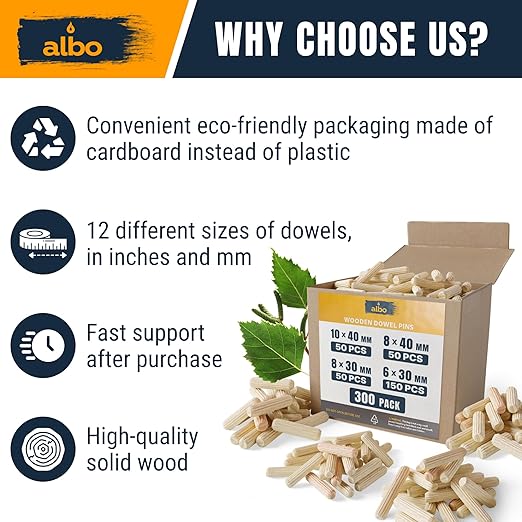 ALBO Wooden Dowel Pins 300 Pack Assorted Sizes 6?30 / 8?30 / 8?40 / 10?40 mm, Fluted Wood Dowels Rods Hardwood Crafts Dowel Pegs