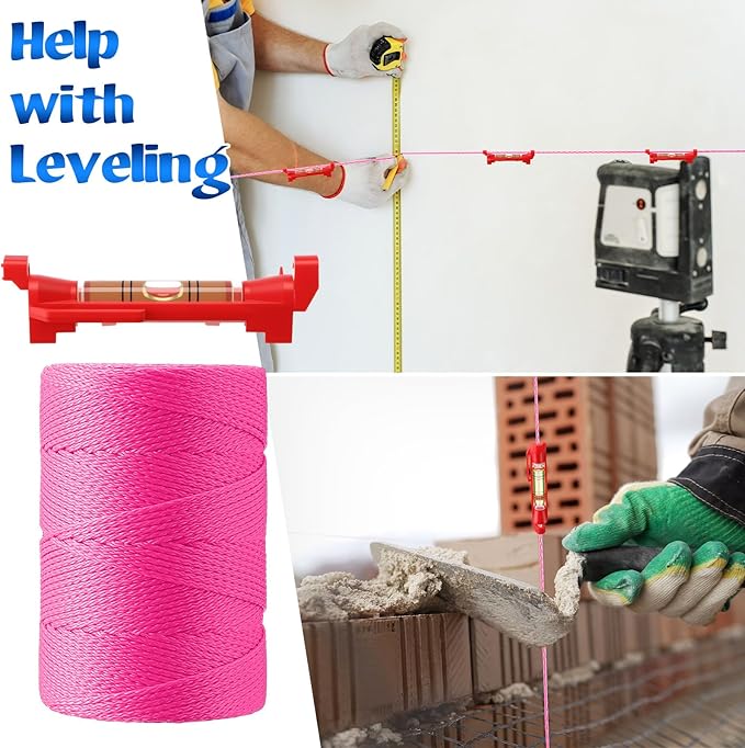 2 Pack #18 500 ft Mason Line String & 10 Pack Built-in Levels, String Level Line Kit for DIY, Gardening Work, Construction Twine Outdoor Projects Layout Brick Working(Fluorescent Pink)