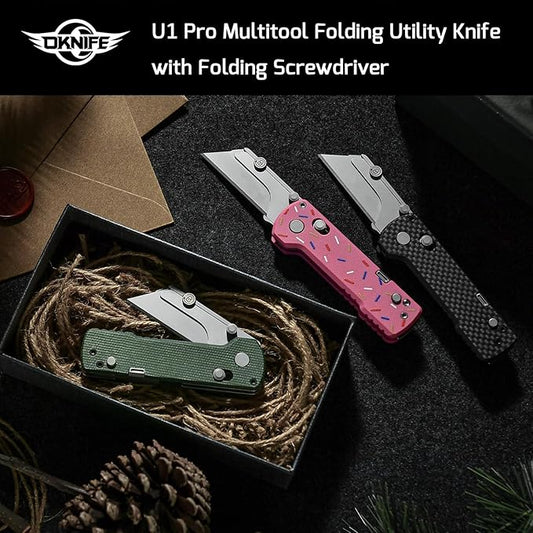 OKNIFE U1 Pro Multitool Folding Utility Knife with Folding Screwdriver, Quick Change Blade, Rail Lock & Pocket Clip for Men Women (Green Micarta)