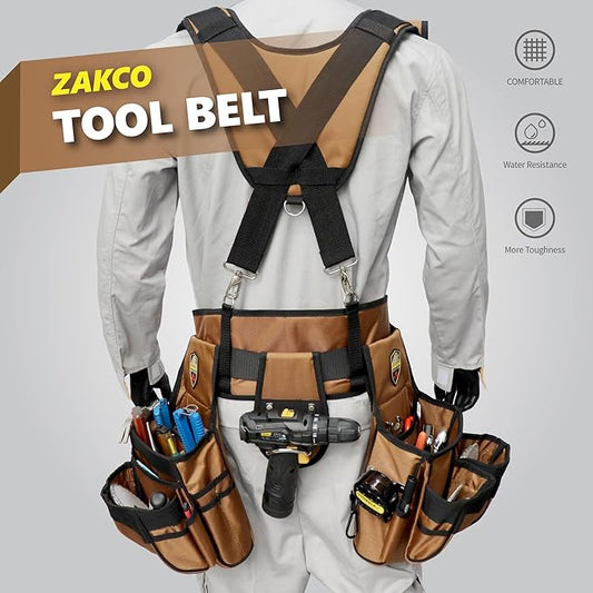 ZAKCO Professional 1680D Polyester Tool Belt with Suspender, Strudy Tool Belt for Carpenters, Framers, Electricians, Plumbers, Hanyman & DIY (Khaki, Full Size)