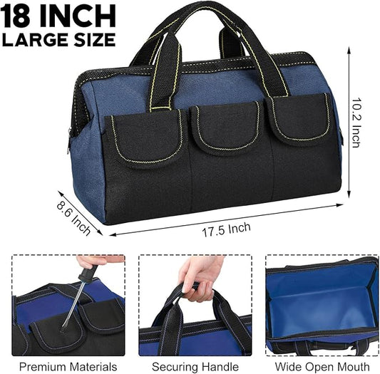 Sanwuta 3 Pack Tool Bag for Men with Waterproof Hard Bottom, Heavy Duty Tool Bag Wide Mouth Tote for Various Instrument, Electrician Carpenter Mechanic(Blue,18 Inch,Classic)