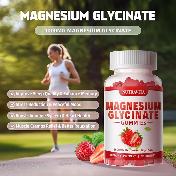 Magnesium Glycinate Gummies 1000mg with L-Threonate,Chelated Magnesium Potassium Complex Supplement with VitD, B6, CoQ10, Calcium,Supports for Memory, Calm, Mood - 180 Gummies Strawberry