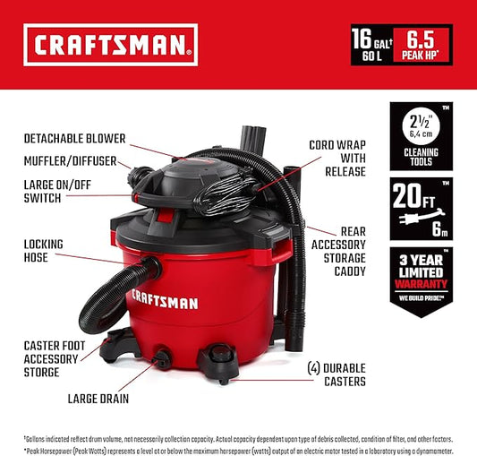 Craftsman CMXEVBE17607 16 Gallon 6.5 Peak HP Wet/Dry Vac with Detachable Leaf Blower, Heavy-Duty Shop Vacuum with Attachments and Gutter Cleaning Kit