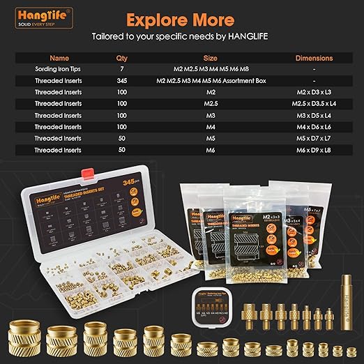 HANGLIFE Heat-Set Threaded Inserts, M2.5 Heat Set Insert for 3D Printing Components and Plastic Parts - Brass Metric Knurled Nuts (100 Pieces)