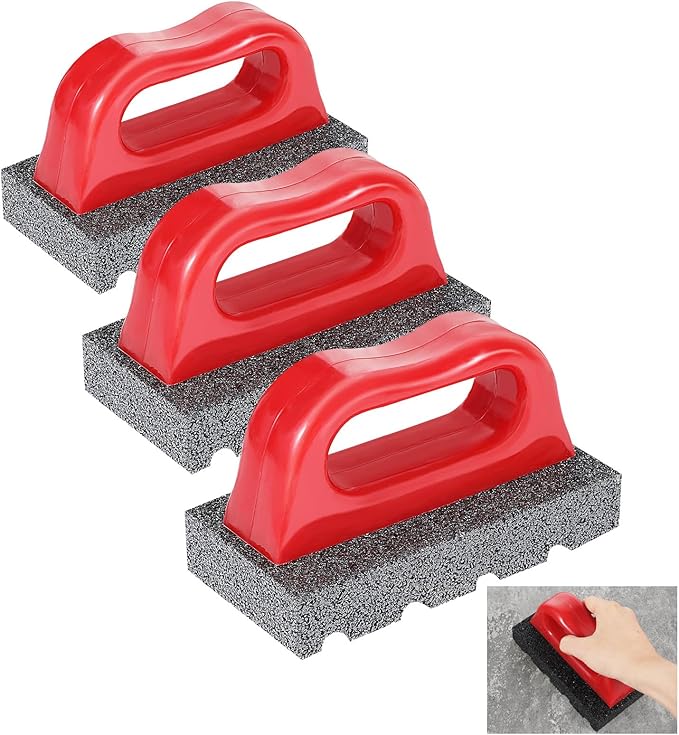 3 Pcs Rub Brick with Handle, Fluted 20-Grit Carbofrax Surface Concrete Tools Masonry Tools Smoothing Cleaning Removing Marks Tool (Red)