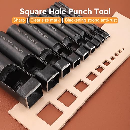 WUTA Square Leather Hole Punch,10PCS Steel Hollow Punch Tool Set for Belt,Watch Band,Leather Crafting(2mm-25mm )