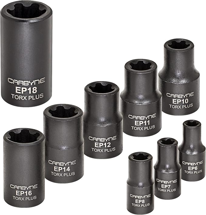 CARBYNE 9-Piece External Torx Plus (eTorx Plus, aka 6 Lobe, Female Torx Plus) Socket Set, E6 to E18 | CrV Steel, 1/4, 3/8, & 1/2 inch Drive ??From a Family-Run Tool Company Based in the U.S.A.