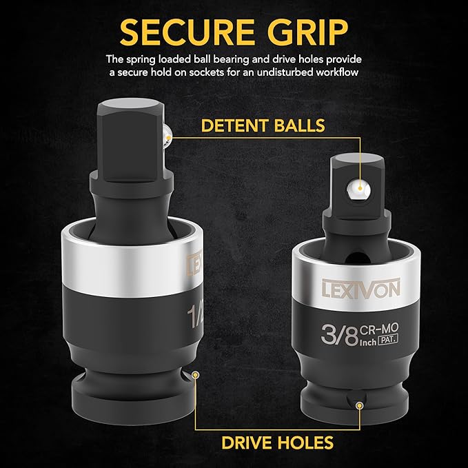LEXIVON Impact Universal Joint - Patented SLIM Design | 3-Piece 1/2", 3/8", and 1/4" Socket Swivel Set | Chrome-Molybdenum Steel Full Impact Grade (LX-113-S)