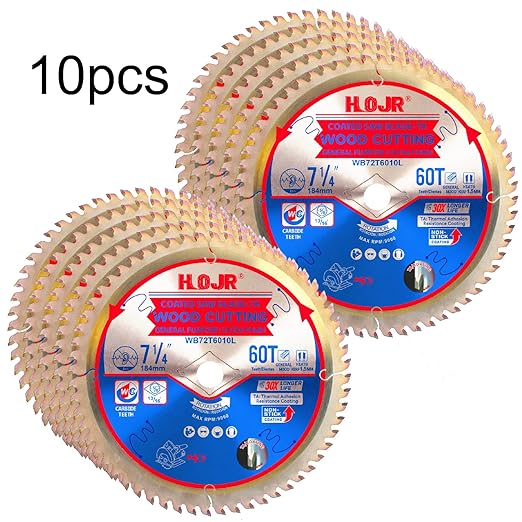 10-Pack 7-1/4" 60-Tooth 5/8" Arbor Woodworking Circular Saw Blade,Ultra Finish/General Purpose,Special Anti-Thermal Adhesion Coating on Cutting Edge-TA,High Finish, Long Life, 7-1/4" 60T 5/8"