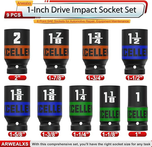 9 Pieces 1-Inch Drive Impact Socket Set, 1" to 2" Jumbo Socket, 6 Point SAE Sockets for Automotive Repair, Equipment Maintenance