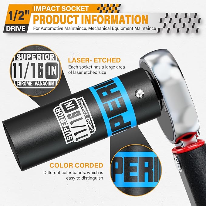 1/2" Drive Impact Socket, 11/16 inch Deep Socket, SAE, 6 Point, CR-V, for Car Repair, Loosen the Fastening Nut