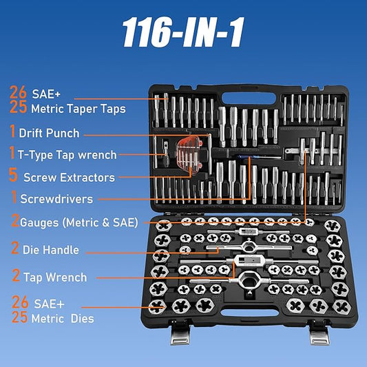 Anfrere 116pcs Tap and Die Set in SAE & Metric Sizes, Standard Tap Set and Die Tool Set for Threading and Rethreading Internal and External Threads, M3-M18 Thread Repair Kit