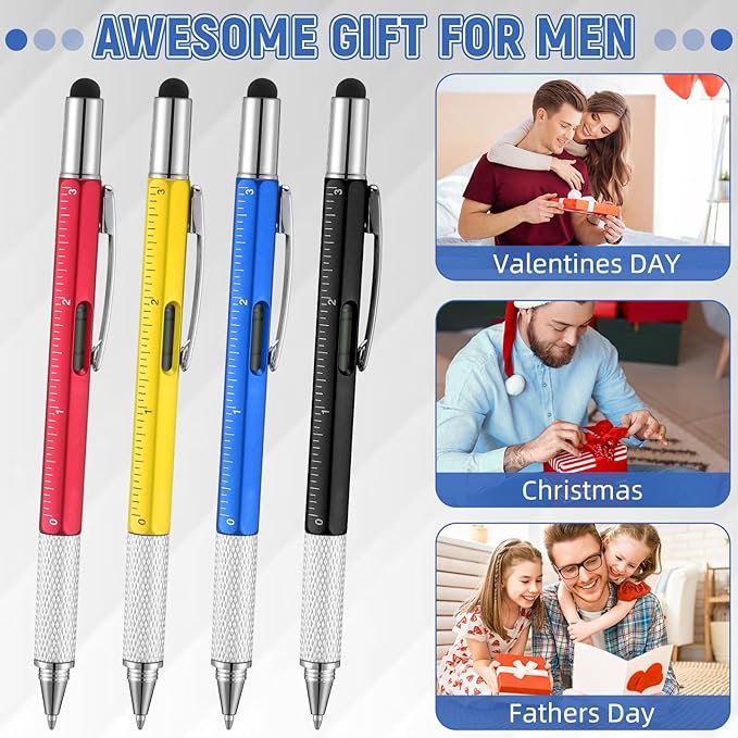 Yeaqee 40 Pcs Stocking Stuffers Bulk for Men 6 in 1 Screwdriver Multi Tool Pens with Refills Ruler Level Gauge for Party Favor Father's Christmas White Elephant Gifts (Novel Color)