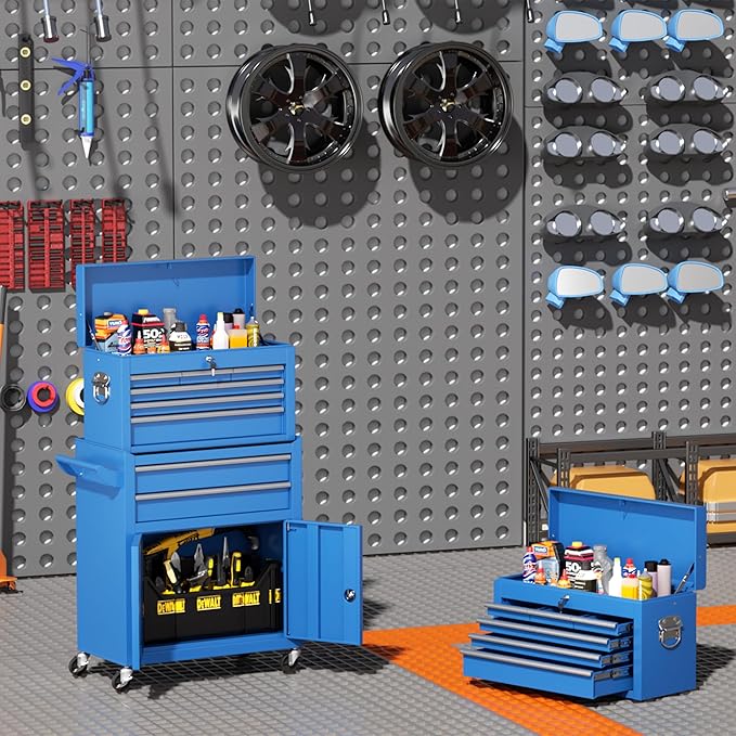 INTERGREAT 8 Drawers Tool Chest, 42'' Large Rolling Tool Chest, Detachable Top Tool Box, and Locking Mechanism, Metal Tool Cart with Liner and 6 Hooks for Garage, Workshop, Blue