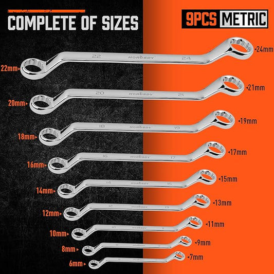 HORUSDY 9-Pieces Metric Offset Box Wrench Set with Rolling Pouch, 50-Degree, Metric 6-24mm, CR-V Steel