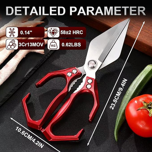 Kitchen Scissors for Food Heavy Duty Poultry Shears Built-In Nutcracker, Japanese High-Carbon Steel Culinary Shears with Ergonomic Handle, All Purpose Kitchen Tool for Chicken, Meat & Seafood (Red)