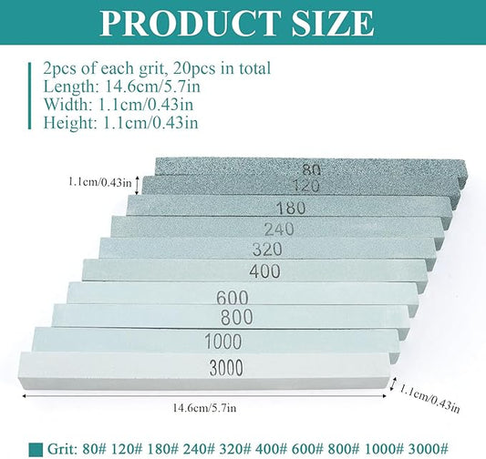 Supkiir 20Pcs Rectangular Sharpening Stone Set, 80#-3000# Green Silicon Carbide Whetstone Stones Sticks, Honing Stone Sharpening Stones for Knives Polishing Carving Models Metal Cutting Tools
