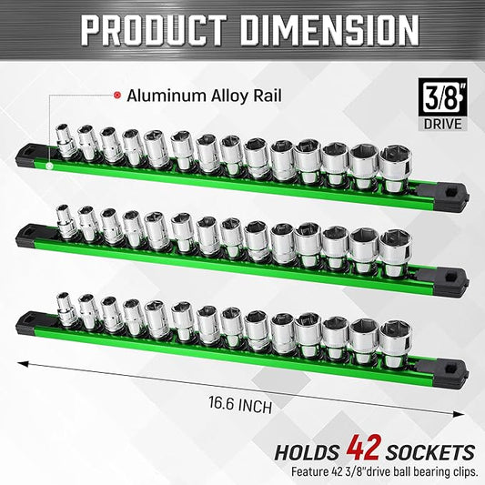 ALOANES 3-Piece Magnetic Socket Organizer, Heavy Duty Aluminum Socket Rails Organizer, 360째 Swivel Clips Socket Rail Set For Sockets Storage, 3/8-Inch Socket Holder x 42 Clips (Green)