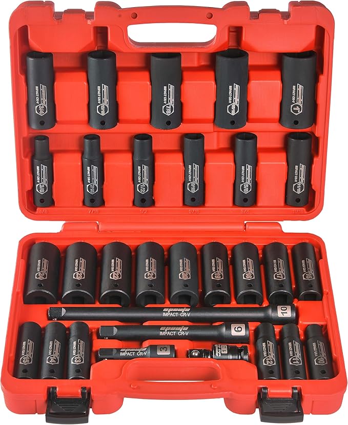 EPAuto 1/2-Inch Drive SAE (3/8-1 inch) | Metric (10-24 mm) Deep Impact Socket Set | Extension Bar | Universal Joint, Cr-V, 6 Points, 30 Pieces