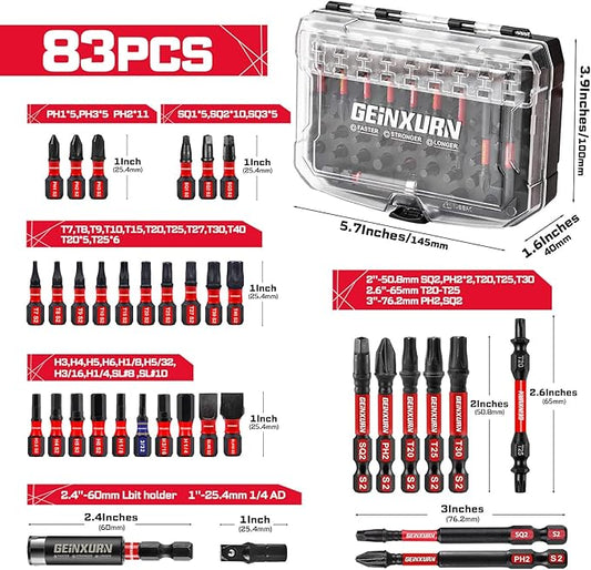 Impact Screwdriver Bits Set, 83Pieces Magnetic Muliti S2 Steel Phillips/Slotted/Square/Torx/Hex Insert Power Bits Tips Set with Impact Bit Holder and Socket Adapter (Black Storage Box Case)