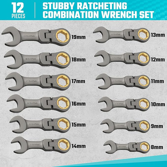 DURATECH 12-Piece Anti-Slip Flex-Head Ratcheting Wrench Set, Stubby Combination Wrench Set, Metric, 8-19mm, 72-Teeth, CR-V Steel, Nickel Plated with Pouch