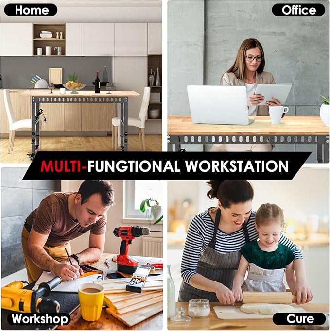54.3 "Adjustable Workbench with Power Outlet, Heavy Duty 2000 LBS Load Capacity Hardwood Workbench Suitable for Workshop, Office, Garage, Home (Metal Wheels訝쭾ower Outlets 54.3"x21.6")
