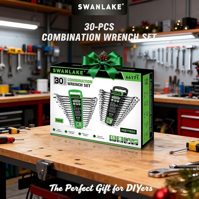 SWANLAKE GARDEN TOOLS 30-Piece Combination Wrench Set, Metric & SAE (8-22mm & 1/4??to 1-1/16??,12-Point Open End Standard Wrench Set, Mechanics Wrenches Sets, Chrome Vanadium Steel with Storage Rack