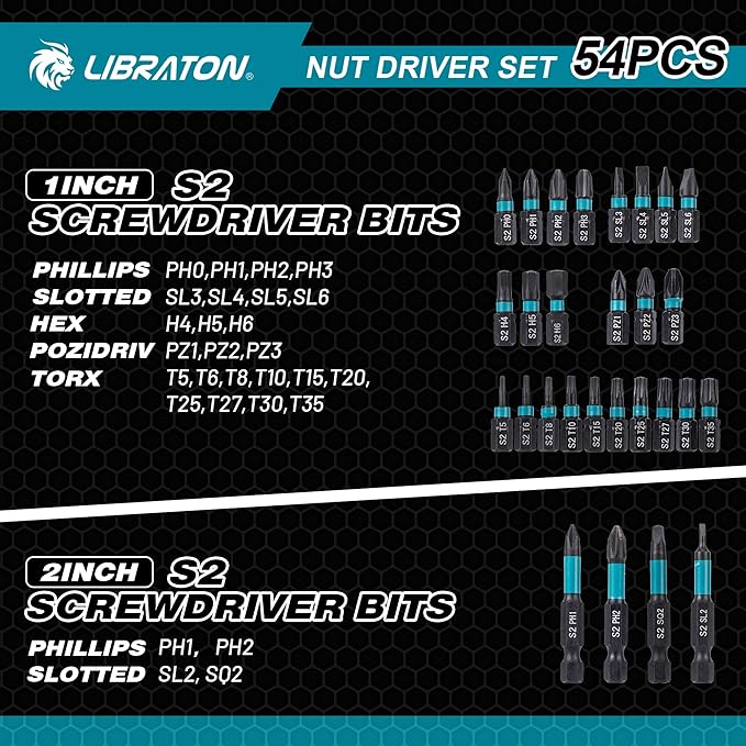 LIBRATON 54PCS Magnetic Nut Driver Set, Impact Drill Driver Bit 1/4", Metric & SAE Nut Drivers for Impact Drill, Socket Adapters, Screwdriver Bit, Quick-Release Extension, Wing Nut Driver, Storage Box