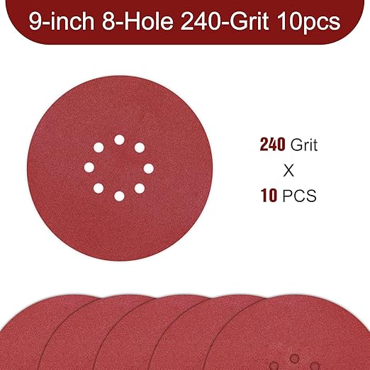 Awutzut 9 inch Sanding Discs 240 Grit 8 Holes Hook and Loop Sandpaper for Drywall Sander 10Pack