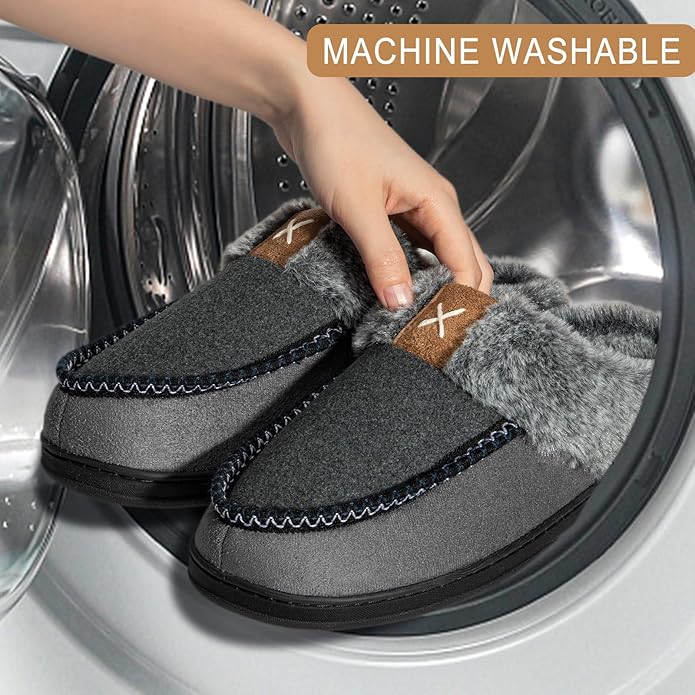 Homitem Mens Slippers Moccasins Memory Foam Fuzzy Slippers for Men Wool-Like Plush Fleece Lined House Shoes Indoor Outdoor Anti-Skid Rubber Sole Home Bedroom