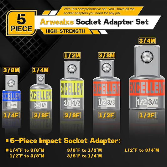 5 Piece Socket Adapter and Reducer Set, 1/4" 3/8" 1/2" Drive Impact Socket Adapter Set for Impact Driver Conversions and Power Drill